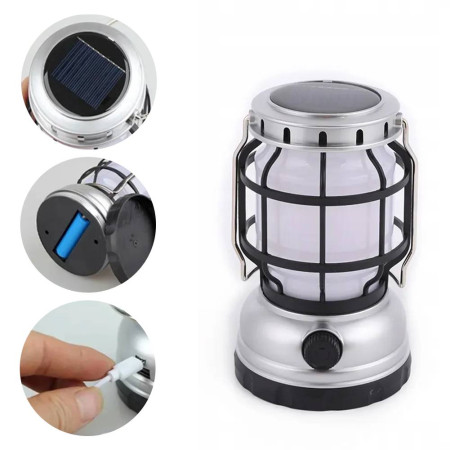 Lampa kempingowa z panelem solarnym, turystyczna, płomień i białe światło LED