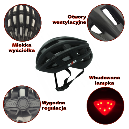 Kask rowerowy miejski / szosowy ROXAR STREET czarny matowy z wbudowaną lampką