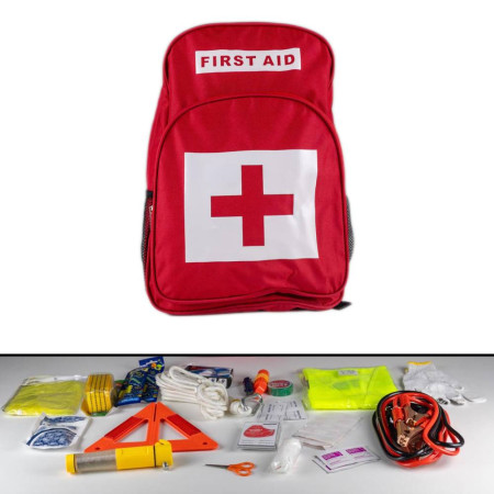 Kompletny zestaw bezpieczeństwa samochodowego – pomoc drogowa, kable, narzędzia, kamizelka FIRST AID
